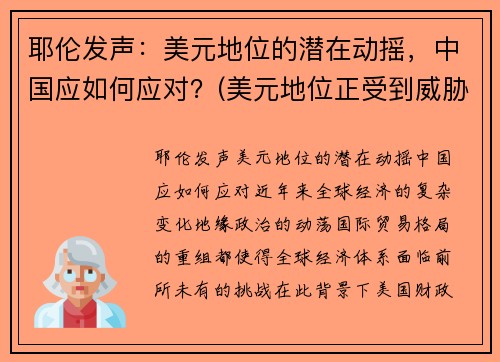 耶伦发声：美元地位的潜在动摇，中国应如何应对？(美元地位正受到威胁)