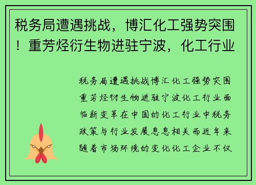 税务局遭遇挑战，博汇化工强势突围！重芳烃衍生物进驻宁波，化工行业面临新变革