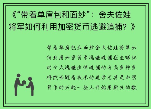 《“带着单肩包和面纱”：舍夫佐娃将军如何利用加密货币逃避追捕？》