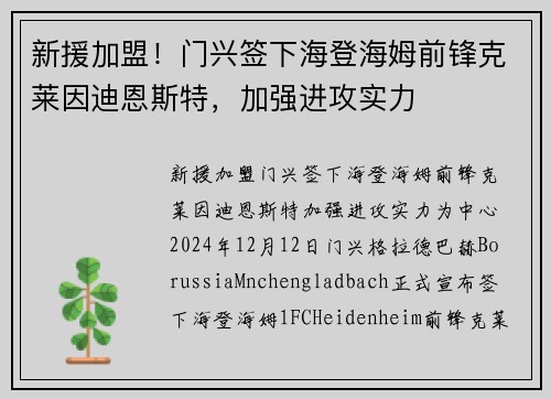 新援加盟！门兴签下海登海姆前锋克莱因迪恩斯特，加强进攻实力