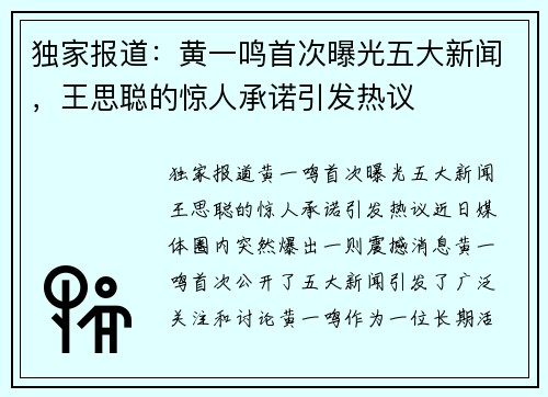 独家报道：黄一鸣首次曝光五大新闻，王思聪的惊人承诺引发热议